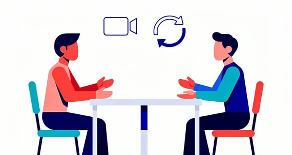 Two abstract figures practicing a sales roleplay conversation with a video camera icon representing recorded practice
