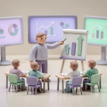 Claymation scene of a sales training room with coach figurine at whiteboard and reps at desks — representing sales training and coaching programs