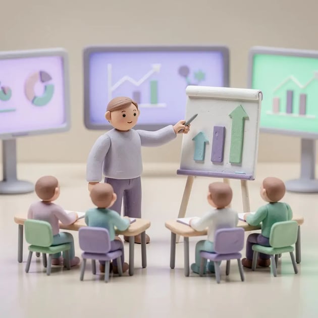 Claymation scene of a sales training room with coach figurine at whiteboard and reps at desks — representing sales training and coaching programs