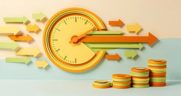 Paper craft speedometer gauge pointing to high speed with paper coins, representing accelerating sales velocity