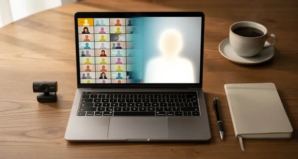 Flat lay of a laptop and webcam on a desk with a screen split between a grid of identical video thumbnails and one glowing personalized video thumbnail