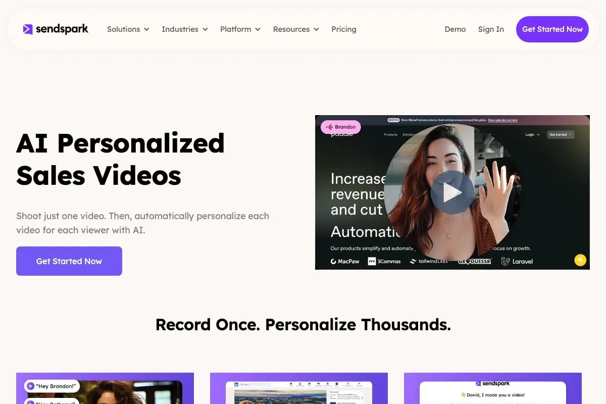 Sendspark dynamic video backgrounds feature showing a prospect's company website displayed behind the presenter in a personalized video