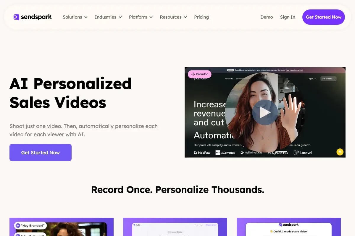 Sendspark AI personalization interface showing voice cloning and dynamic background setup for account-based video outreach