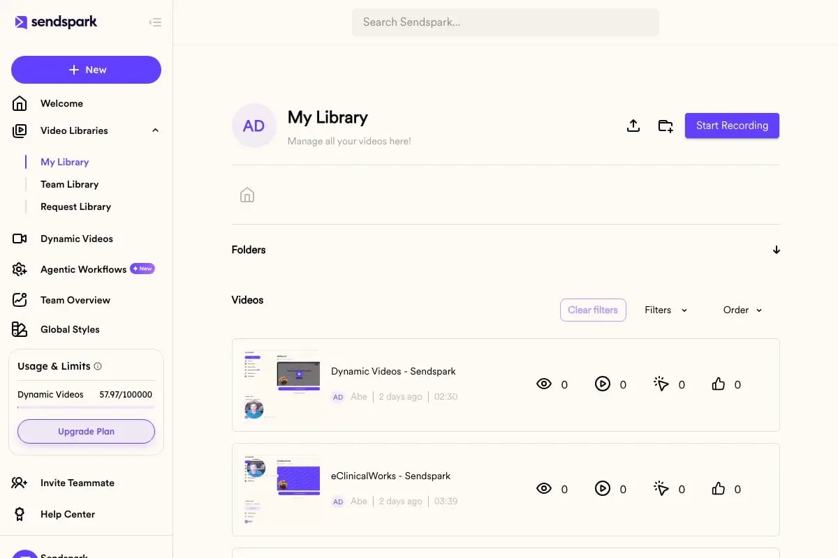 Sendspark video library showing videos organized into folders, similar to how a team would organize battlecard videos by competitor