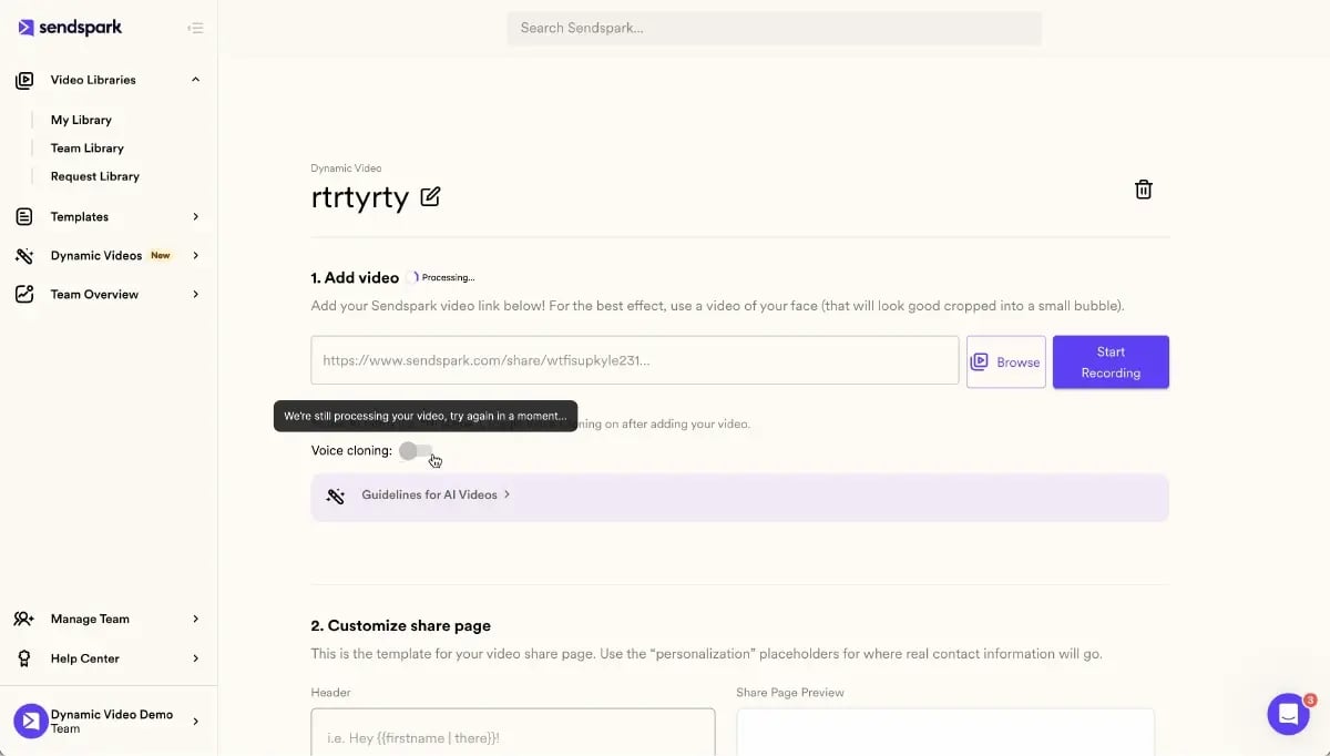 Sendspark AI voice cloning settings — enabling AI-personalized greetings for B2B email outreach at scale