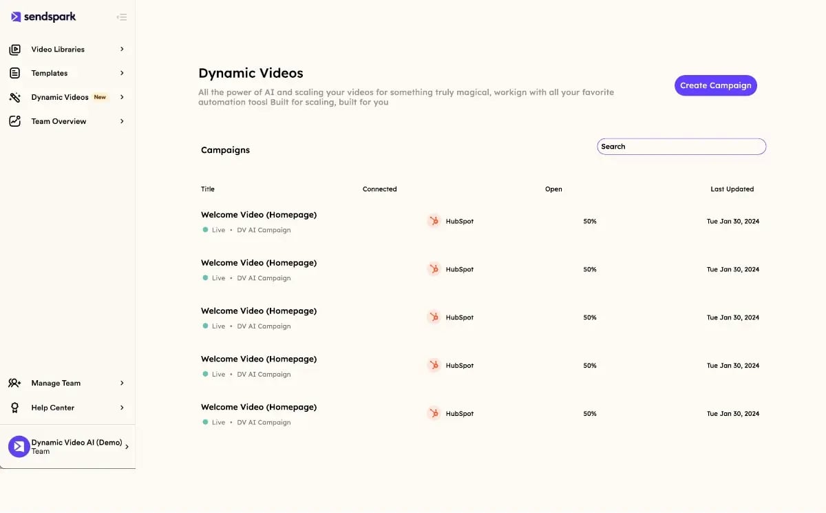 Sendspark Dynamic Videos dashboard showing an Agentic Workflow automation connected to HubSpot, generating personalized videos from a trigger