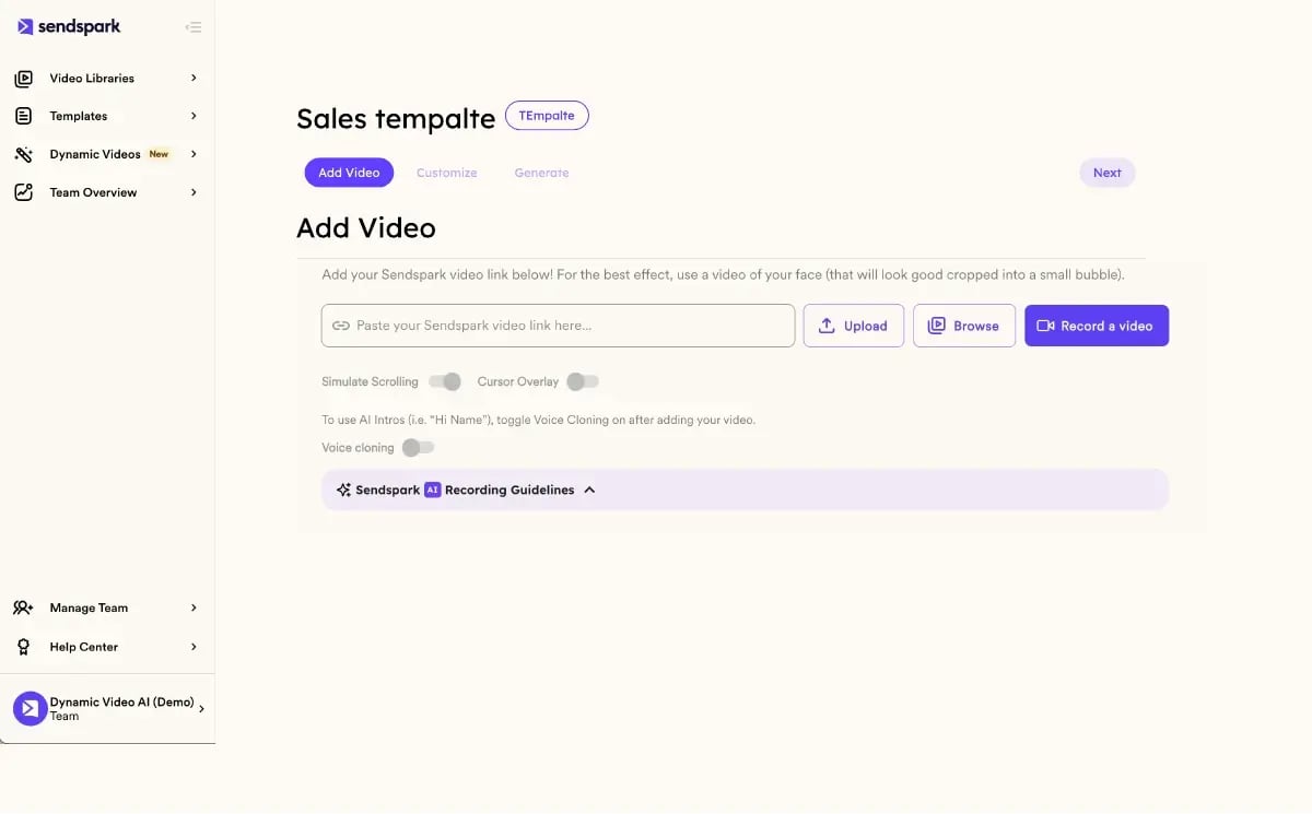 Sendspark Agentic Workflow automation screen showing a trigger connected to an AI-personalized video action