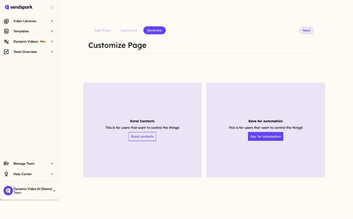 Sendspark campaign setup screen with the choice to enroll contacts manually or save the segment for ongoing automation