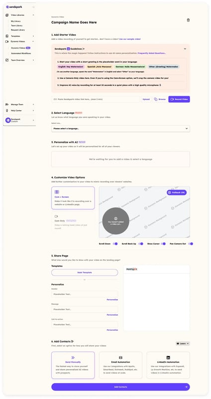 Sendspark dynamic video personalization showing prospect company websites as video backgrounds for B2B client prospecting