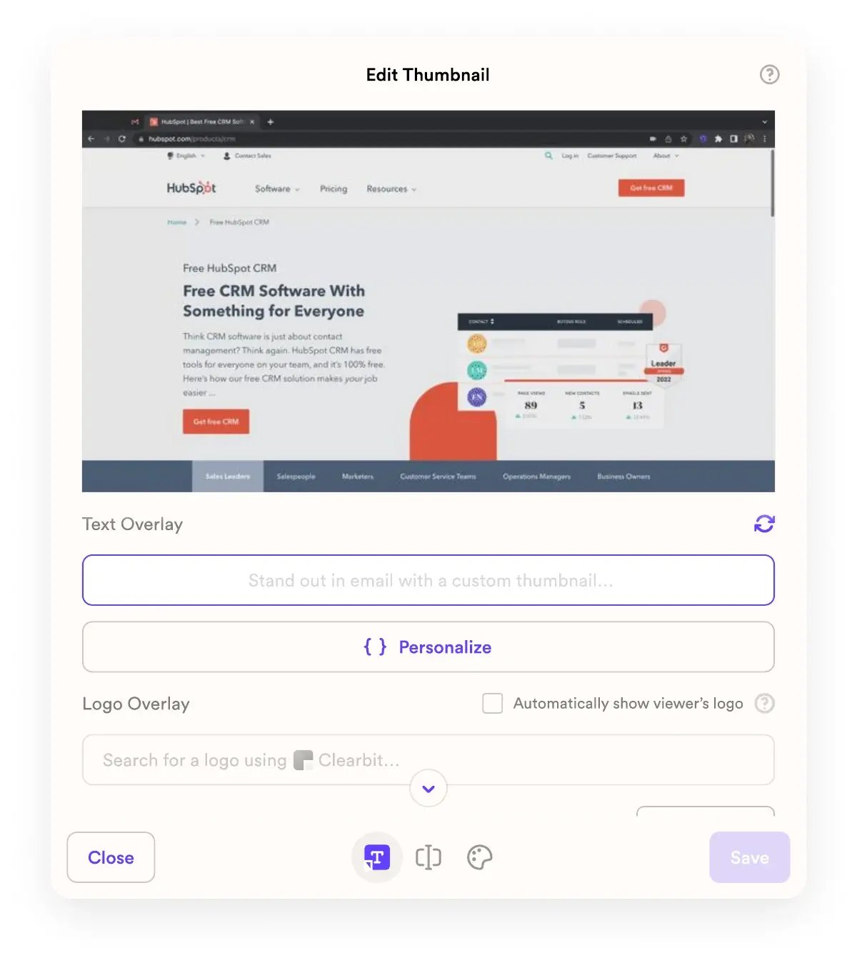 Sendspark thumbnail editor showing text overlay, Personalize merge-field button, and automatic viewer-logo overlay