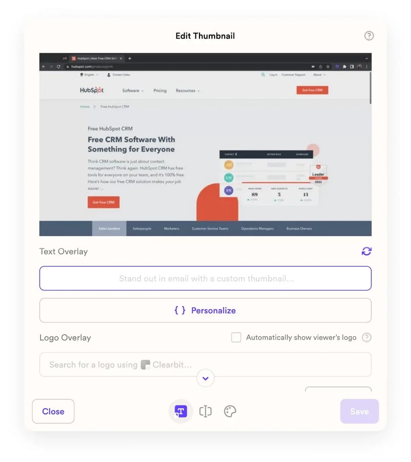 Sendspark's Edit Thumbnail panel showing a live website screenshot as the base image, a Personalize merge-field button for text overlay, and a Logo Overlay search powered by Clearbit