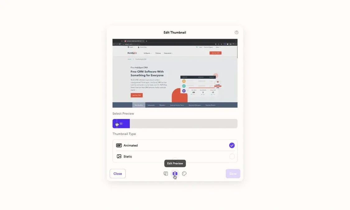 Sendspark thumbnail editor showing the Animated vs Static thumbnail type toggle with a dynamic website preview