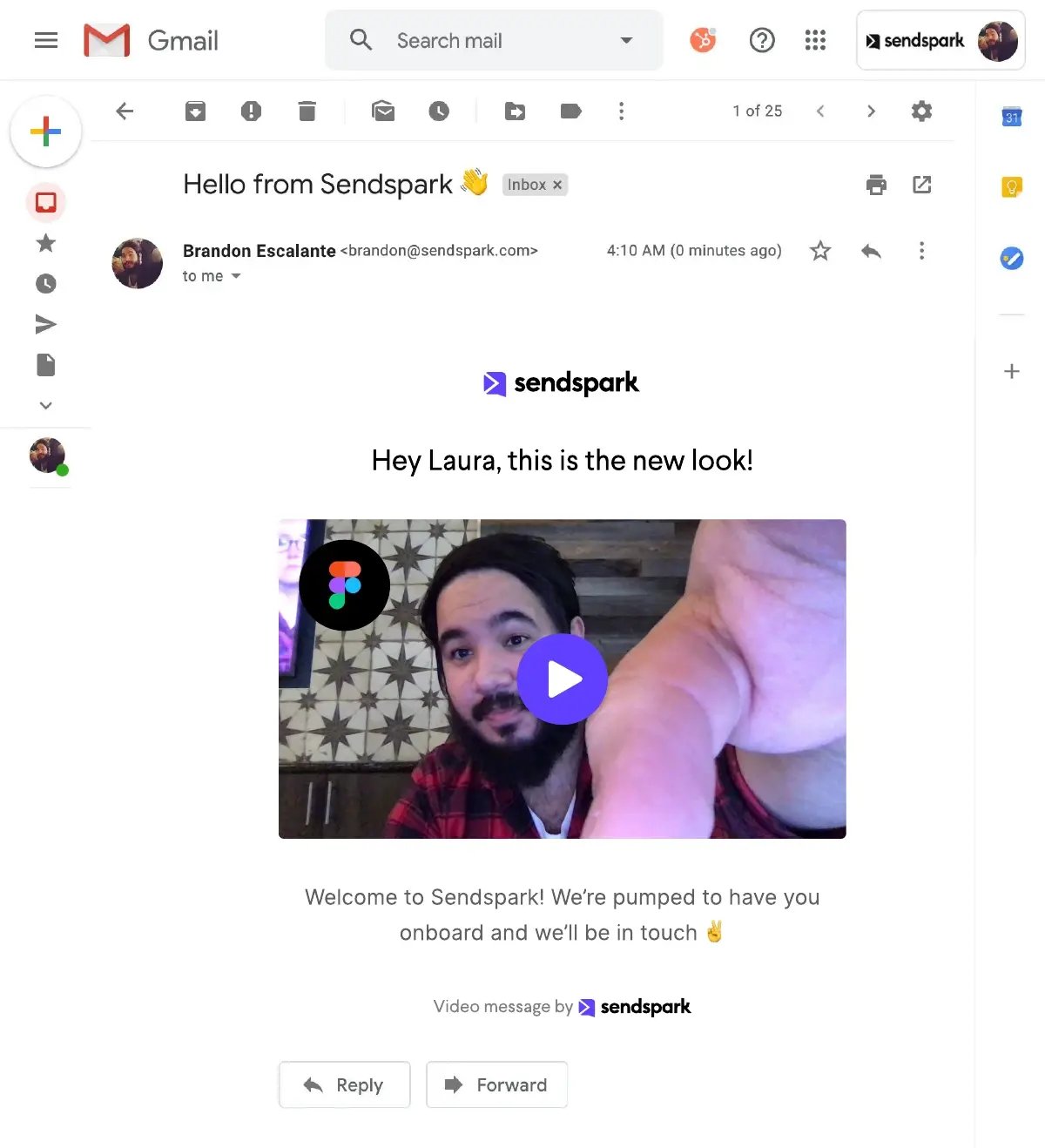 Sendspark video share page showing a personalized video with prospect name overlay thumbnail, CTA meeting booking button, and social sharing options for browser-based AI video outreach