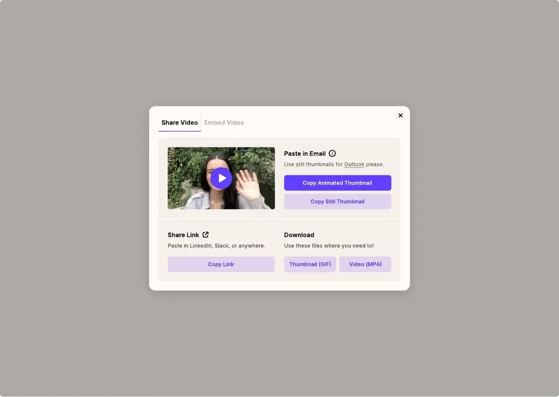 Sendspark share modal showing Copy Link, Copy Animated Thumbnail, and Copy Still Thumbnail options