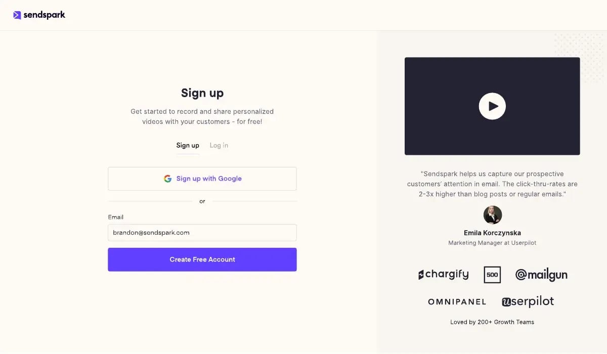 Sendspark Chrome extension recording interface showing screen, camera, and both recording options