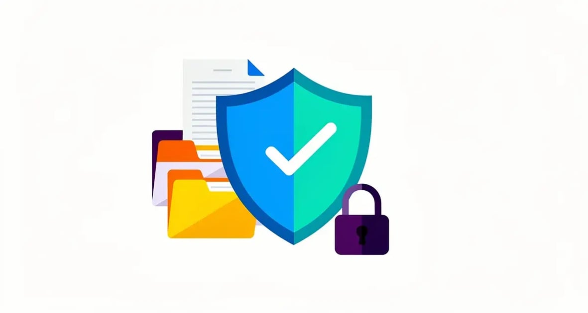 Flat illustration of a shield with a checkmark surrounded by document and folder icons, representing a B2B SaaS vendor security review