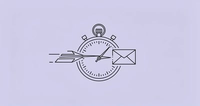 Line art of a stopwatch racing an envelope icon, representing fast B2B lead response time (speed to lead)
