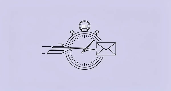 Line art of a stopwatch racing an envelope icon, representing fast B2B lead response time (speed to lead)