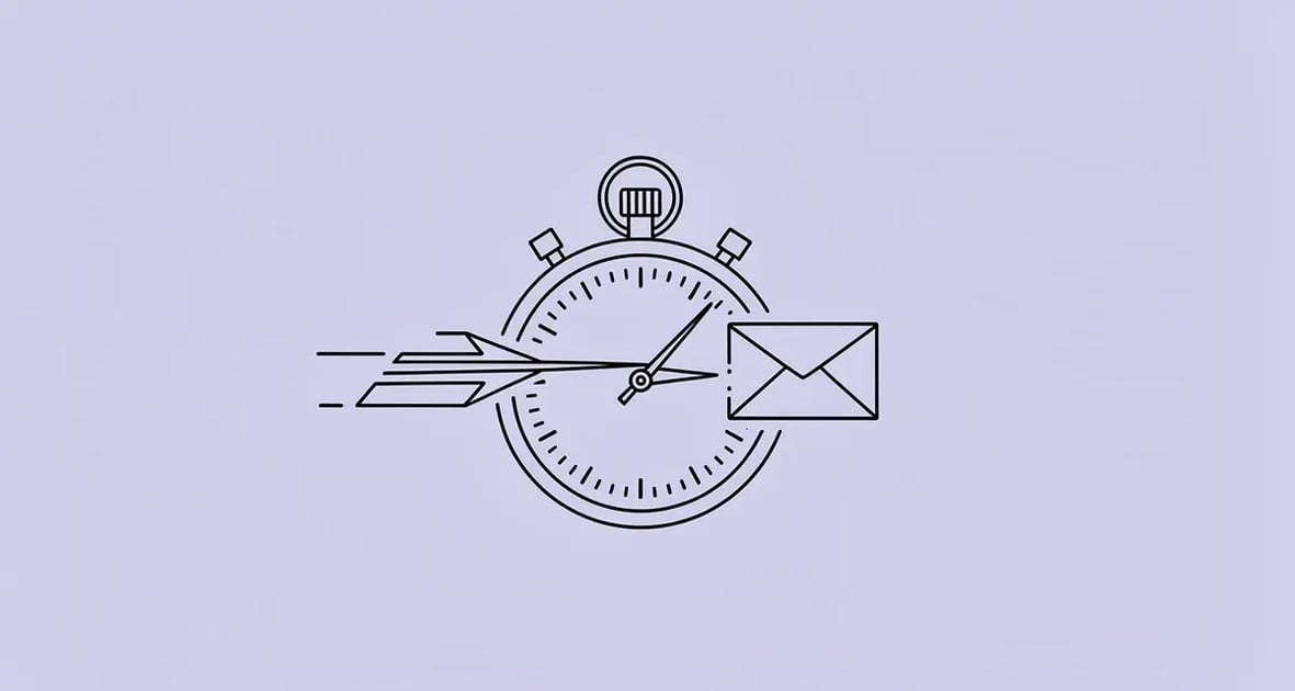 Line art of a stopwatch racing an envelope icon, representing fast B2B lead response time (speed to lead)