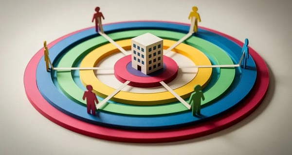 Paper craft diorama of a bullseye target map with stakeholder figures connected to a central building, representing strategic account planning