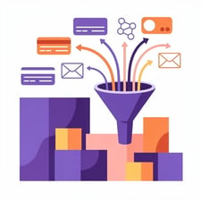 Flat vector illustration of trade show follow-up process with leads, business cards, and email envelopes flowing into a conversion funnel