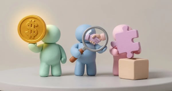 Three claymation figures representing value selling (dollar coin), consultative selling (handshake), and solution selling (puzzle piece)