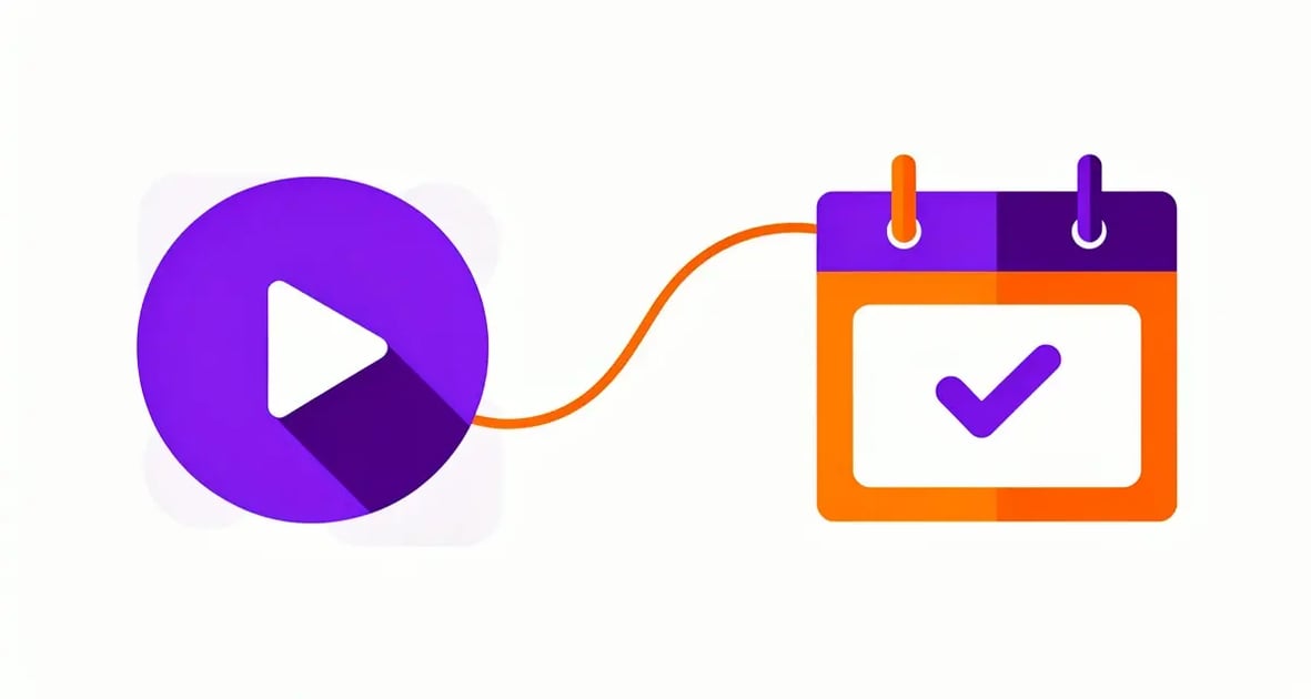 Flat illustration of a video play button connected to a calendar with a checkmark, representing a calendar booking link