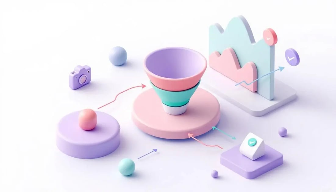 B2B video marketing strategy workflow showing camera, sales funnel, and analytics in isometric 3D illustration