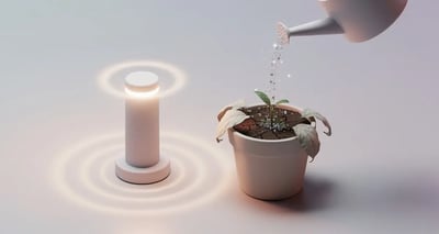 Isometric illustration of a dormant plant being revived beside a glowing signal, symbolizing a B2B win-back campaign reactivating a dormant account