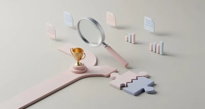 Isometric illustration of a path forking toward a trophy and a cracked puzzle piece, with a magnifying glass examining both, representing win-loss analysis
