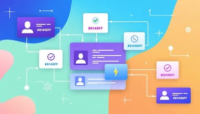 A flat vector illustration showing connected prospect profile cards with AI enrichment data flows, representing a B2B lead list