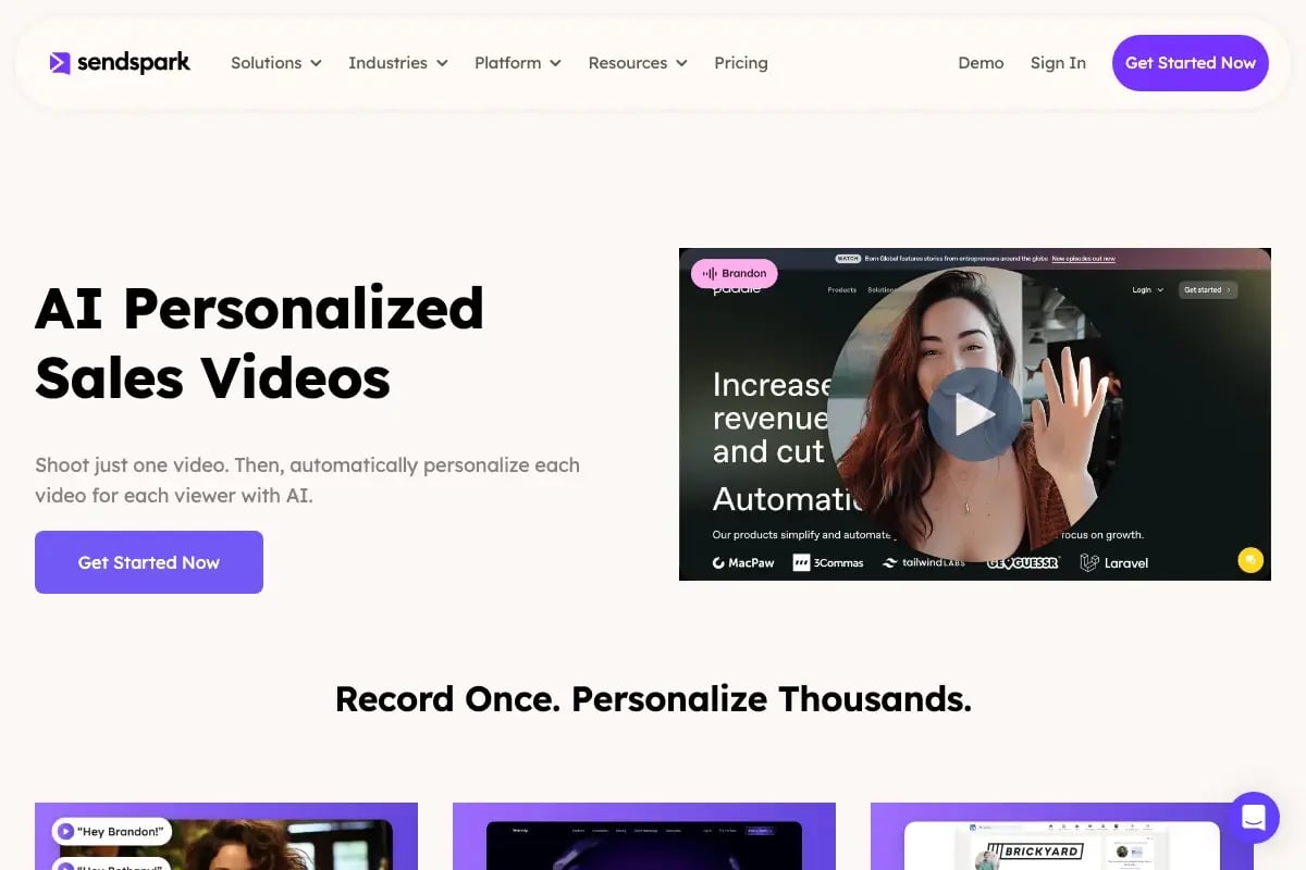 Sendspark AI voice cloning interface showing how one screen recording with webcam generates thousands of personalized sales videos