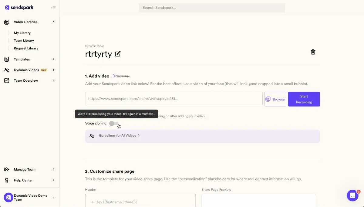 Sendspark AI voice cloning interface for creating personalized training and coaching videos at scale