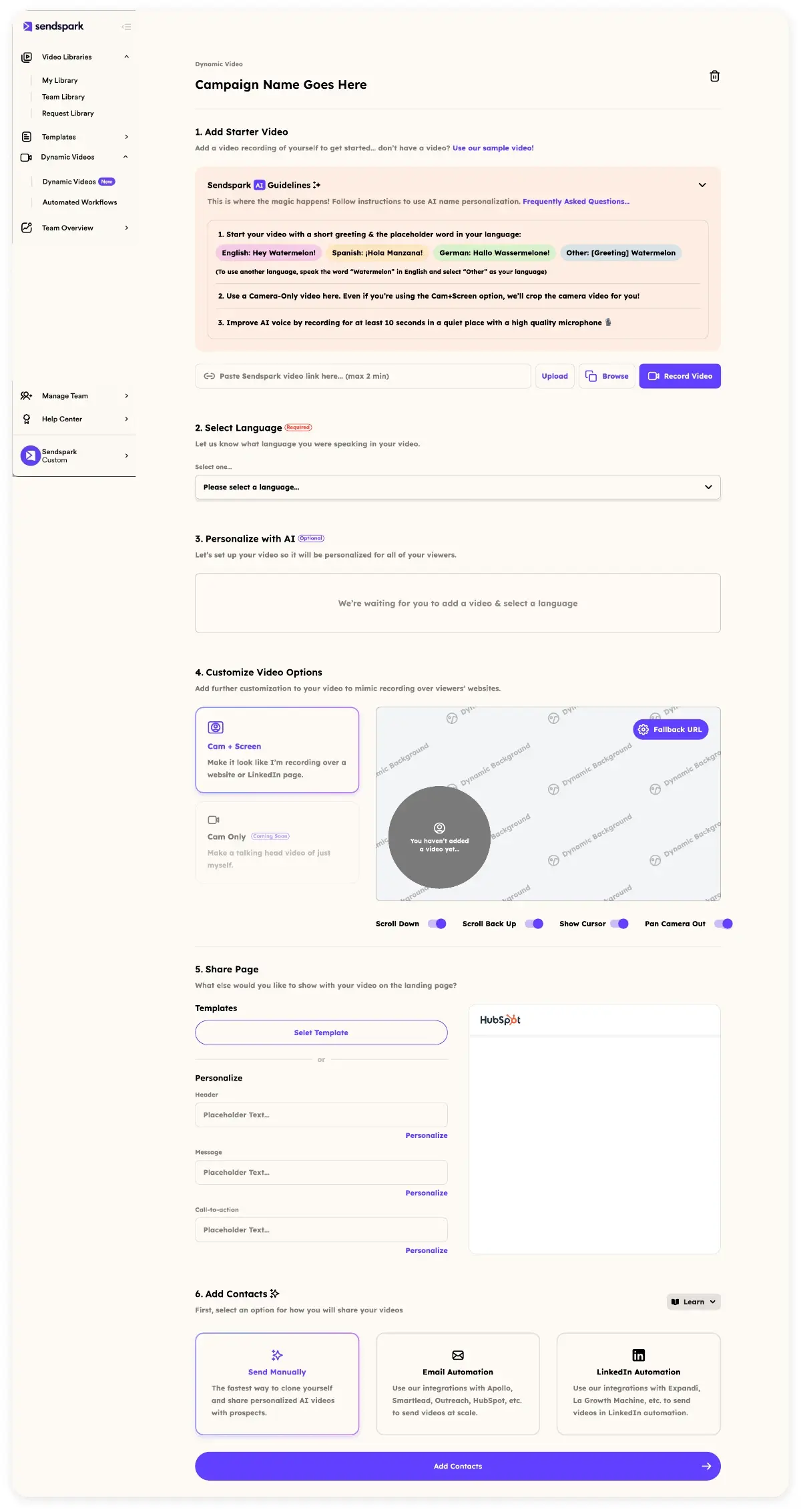 Sendspark AI video personalization showing dynamic backgrounds with prospect website displayed behind the presenter