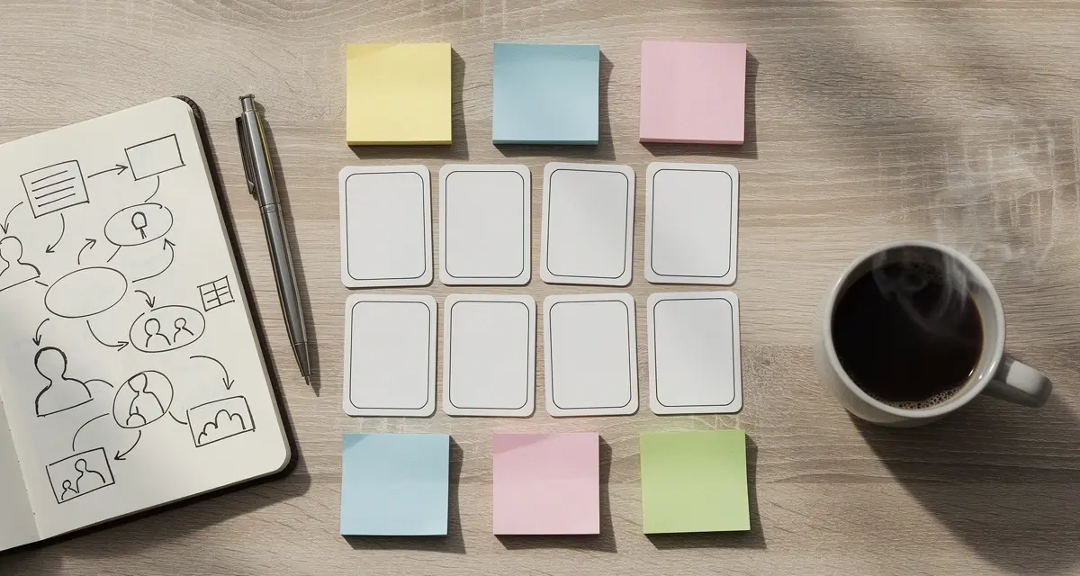 Flat lay desk scene with sorted profile cards, sticky notes, and a notebook representing B2B buyer persona research