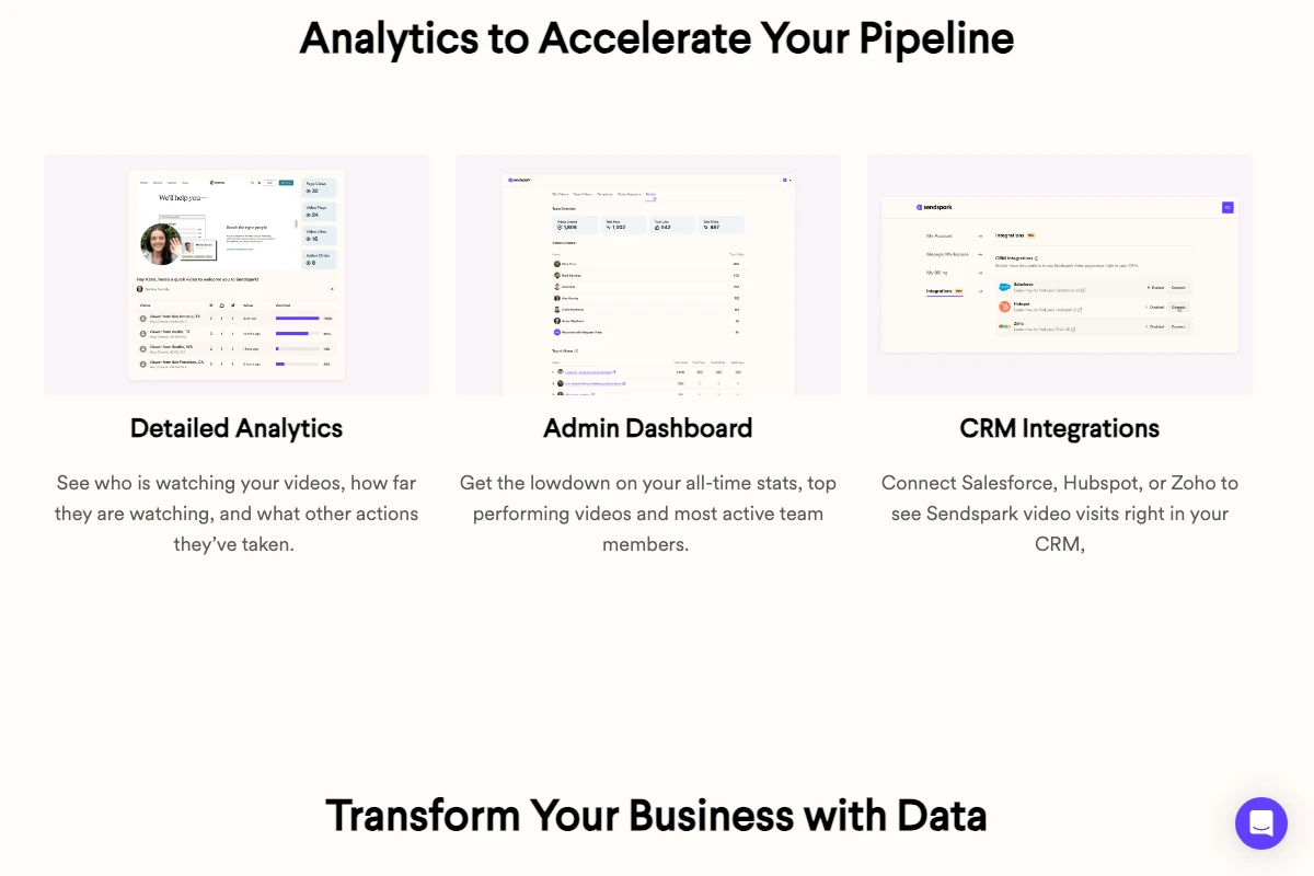 Sendspark analytics dashboard showing detailed per-viewer analytics, an admin dashboard with video stats, and CRM integrations with Salesforce, HubSpot, and Zoho