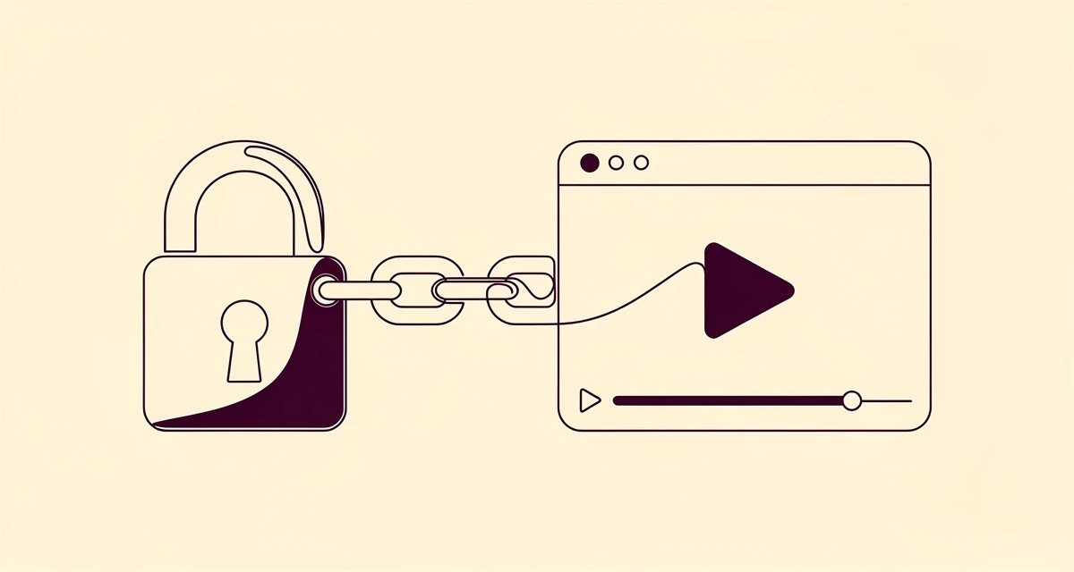 Line art of a padlock connected by a chain link to a video play button, representing a secured shareable video link