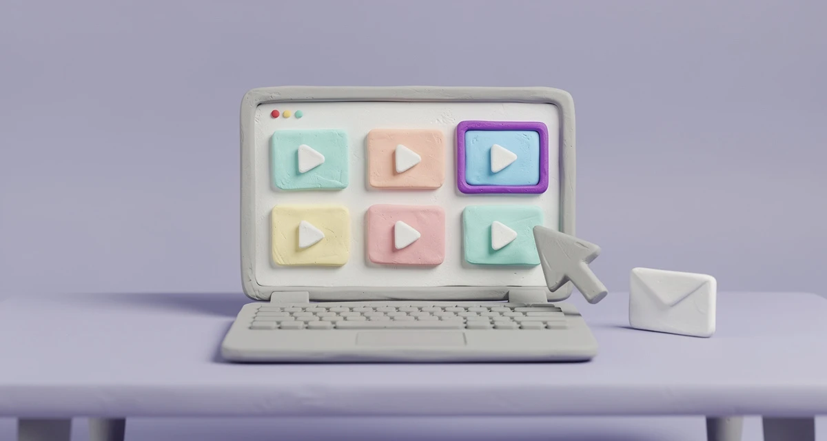 Clay illustration of a laptop showing six video thumbnails with play buttons, one highlighted, next to an envelope and a cursor
