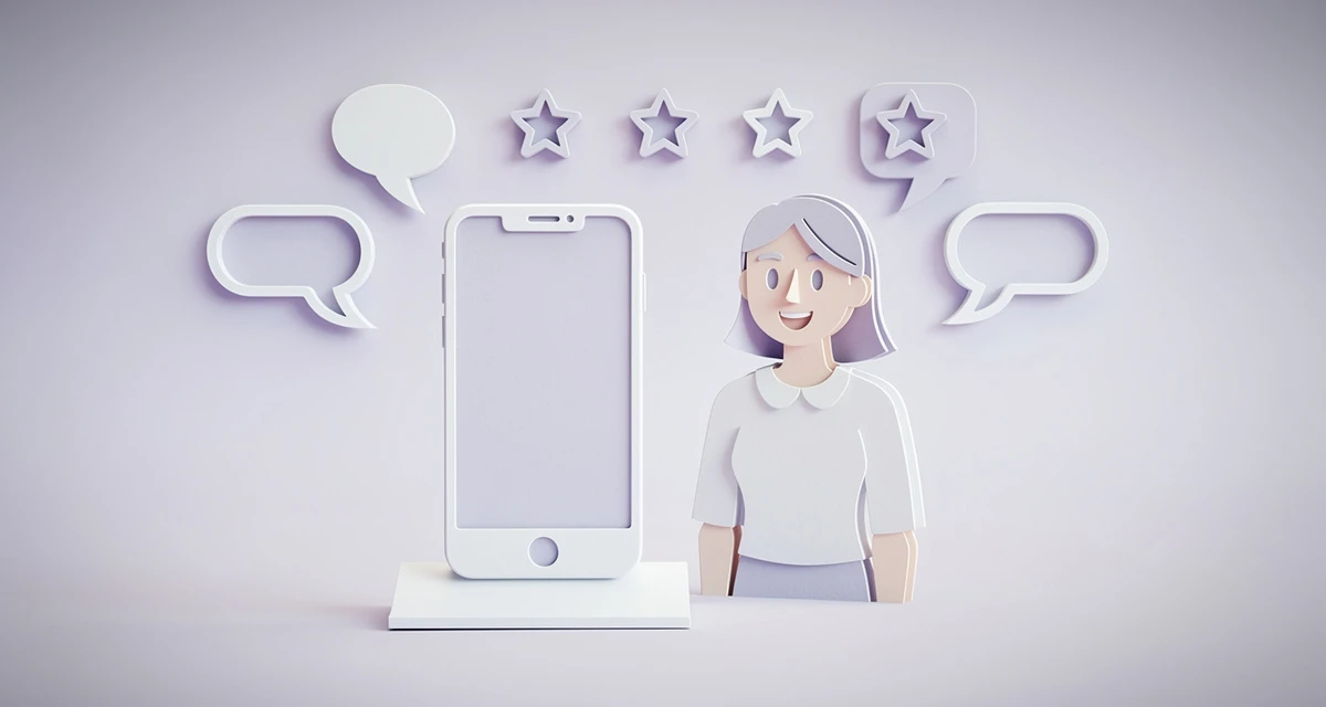 Paper craft illustration of a customer recording a video testimonial next to a phone on a stand, with speech bubbles and review stars