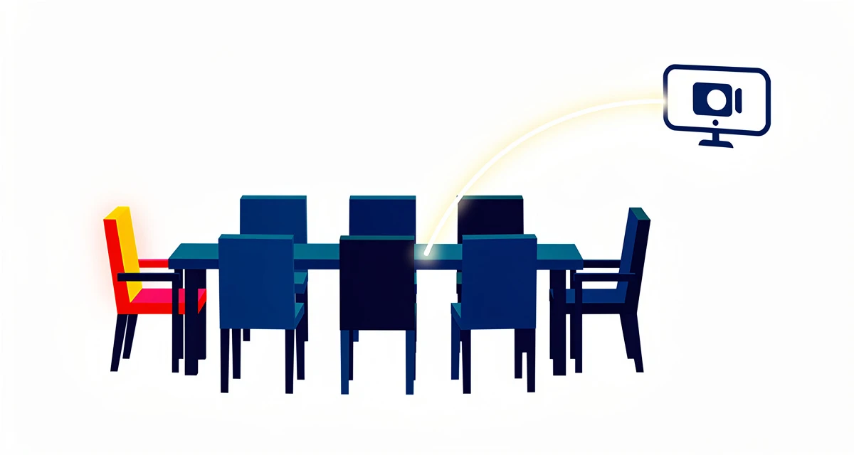 Flat illustration of a boardroom table connected by a glowing line to a video call screen, representing a customer advisory board staying engaged between meetings