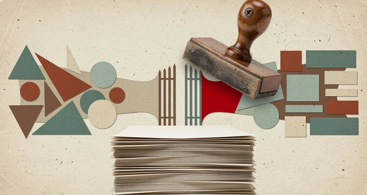 Retro collage illustration of an oversized approval stamp over a stack of documents with shapes funneling through a narrow gate, representing a B2B deal desk bottleneck