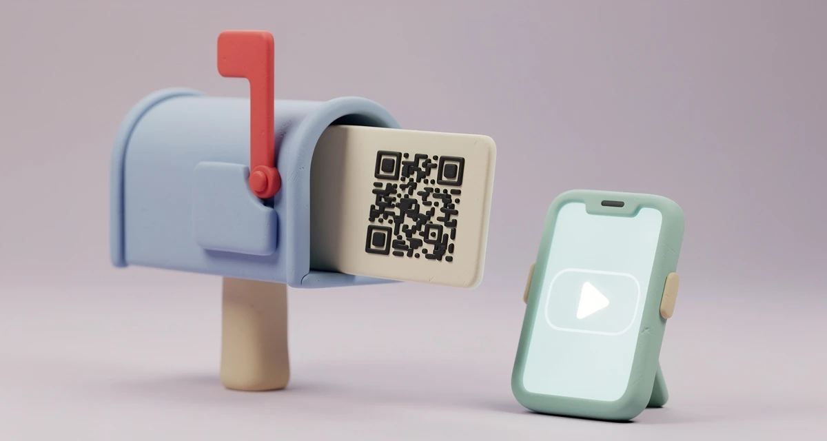 Claymation style mailbox with a postcard showing a QR code pattern beside a smartphone displaying a video play icon
