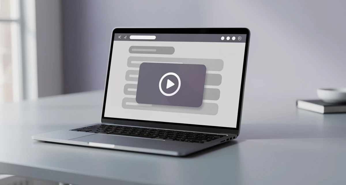 A laptop showing an email layout with a video thumbnail and a white play button in the message body
