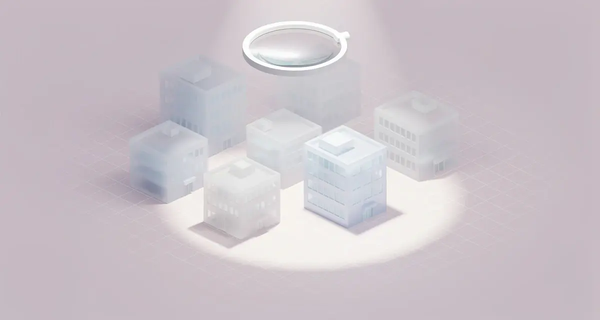 Isometric illustration of a spotlight highlighting one target office building among a cluster of unlit buildings, representing ideal customer profile targeting