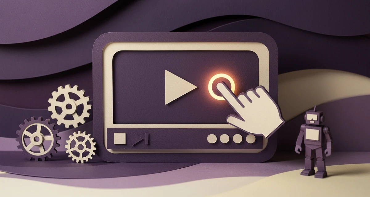 Paper-craft illustration of a video player with a clicking cursor and a small AI agent reviewing the screen