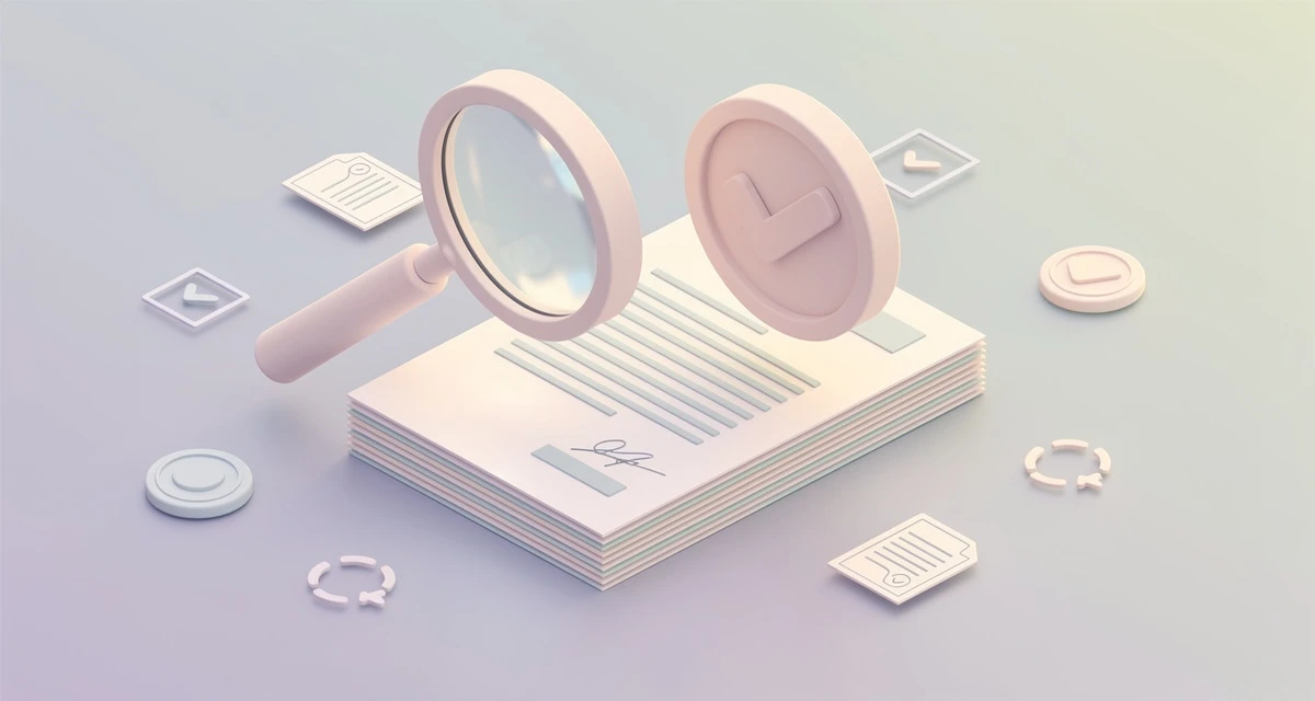 Isometric illustration of contract documents with a magnifying glass and approval checkmark, representing the legal review stage of a B2B sales deal