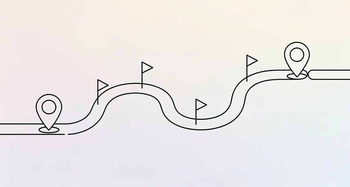Line art illustration of a winding roadmap connecting two checkpoints with milestone markers, representing a mutual action plan between buyer and seller