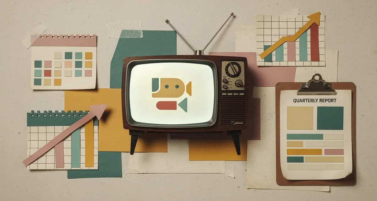 Retro collage illustration of a quarterly business review: a vintage TV showing a video call icon surrounded by calendar pages and a growth chart
