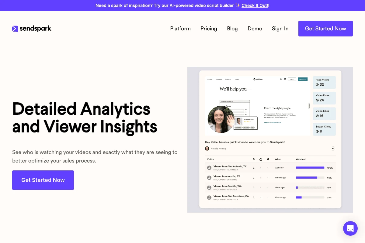 Sendspark analytics dashboard showing per-recipient watch percentage and CTA clicks, used to see which evaluator on an RFI committee actually engaged with a personalized video