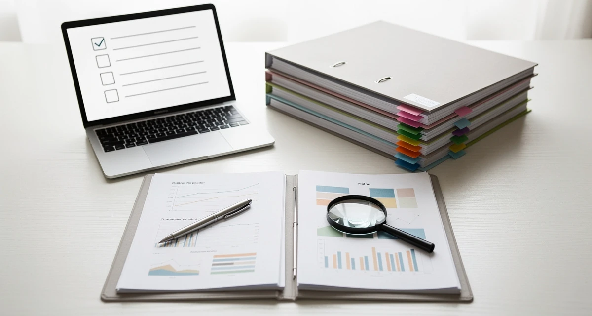 Photorealistic flat lay of neatly stacked proposal binders with colored tab dividers, a laptop showing a checklist, a pen and a magnifying glass, representing B2B SaaS vendor evaluation